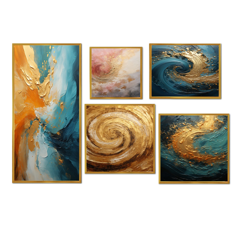 Ensemble de 5 décorations murales spirales abstraites dorées, Cadre flottant doré
