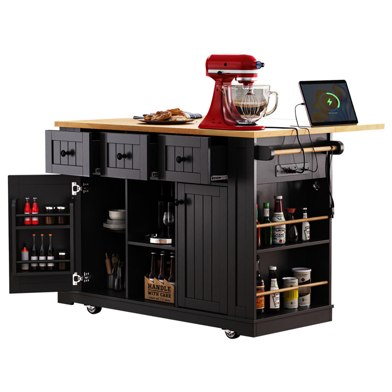 Grand chariot d'îlot de cuisine avec 5 roulettes, rangement interne, abattant, rallonge et tiroirs noirs, comptoir de 53 po, prise de courant