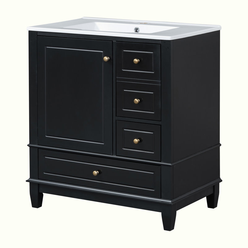 Meuble-lavabo avec lavabo et armoire avec tiroirs, Noir, noir, noir, noir, Doré