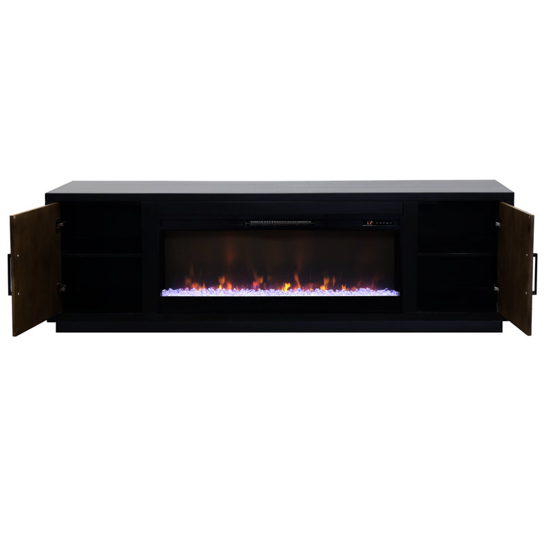 Meuble télé 83 po avec foyer, pouvant accueillir jusqu'à 95 po de style noir et noyer, assemblage de base, 2 portes, tablettes, élément de gestion des câbles de 83 po, noyer, technique d'installation simple, guide