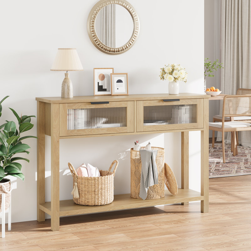 Console en bois de 43,3 po de largeur avec 2 tiroirs en verre, canapé à 2 niveaux avec rangement