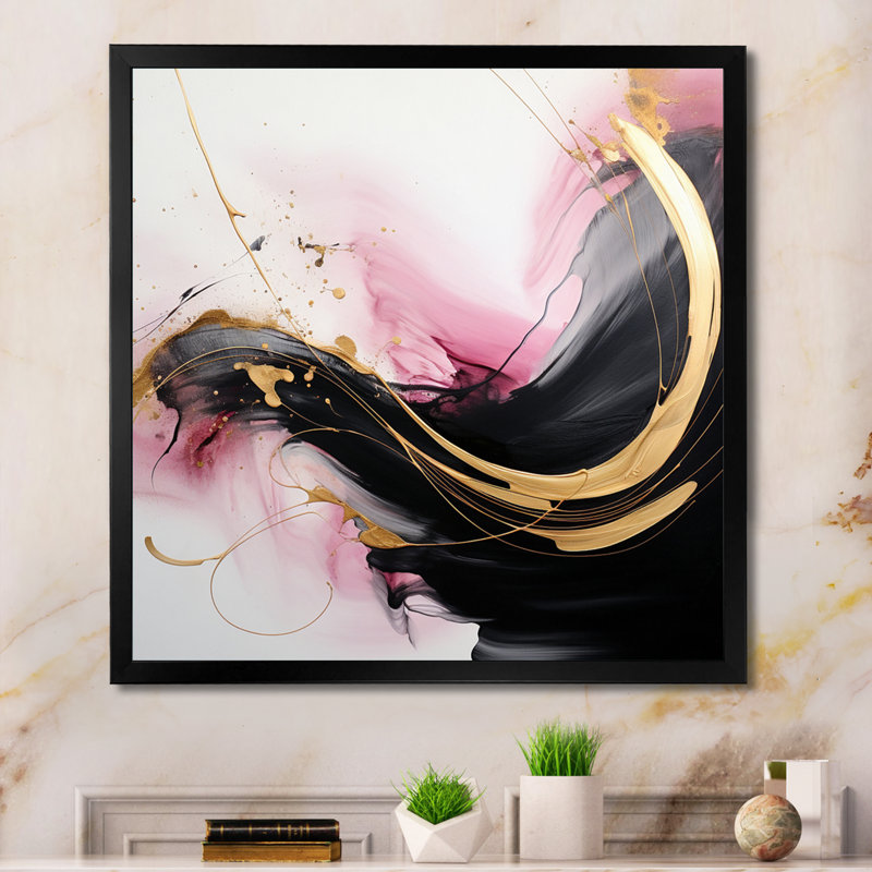 Abstrait, vague d'or rose et noir I - art abstrait sur toile, Cadre simple noir, H 30 po x l 30 po x P 1 po