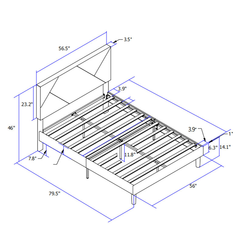 Structure de lit double avec tête de lit tapissier grise, support à lattes de bois, sans sommier, base de matelas, couleur de la base, lattes, sommier, ressorts requis
