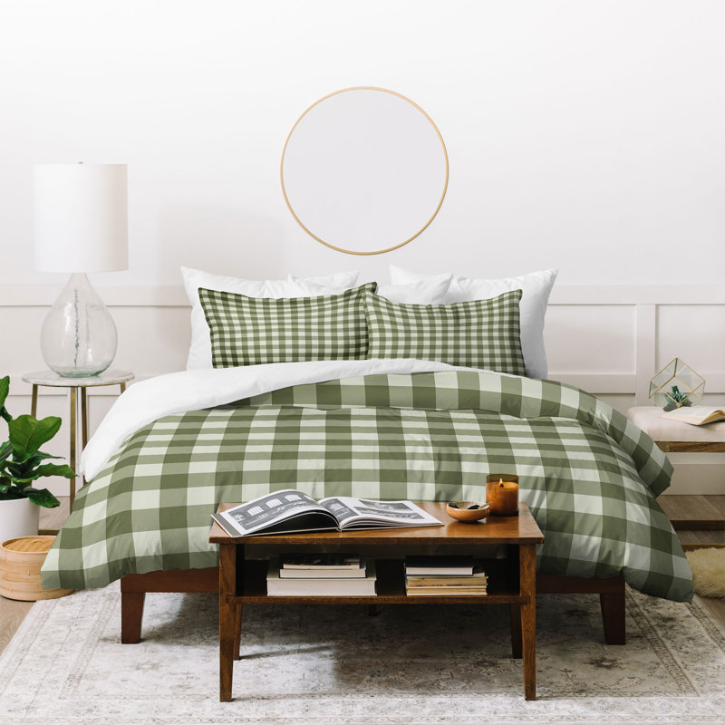 Ensemble de housse de couette Color Poems Gingham Moss, Vert, Housse de couette simple + 1 taie décorative