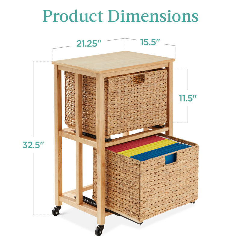 Natural Rubberwood Vertical Rolling File Cabinet with Water Hyacinth Baskets