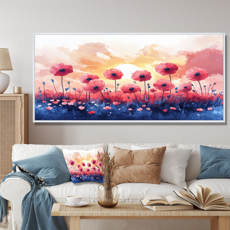 «Ionela Coastal Poppies On Pink Sunset» - coquelicots, art mural, H 28 po x l 60 po, Floater Framed, Blanc