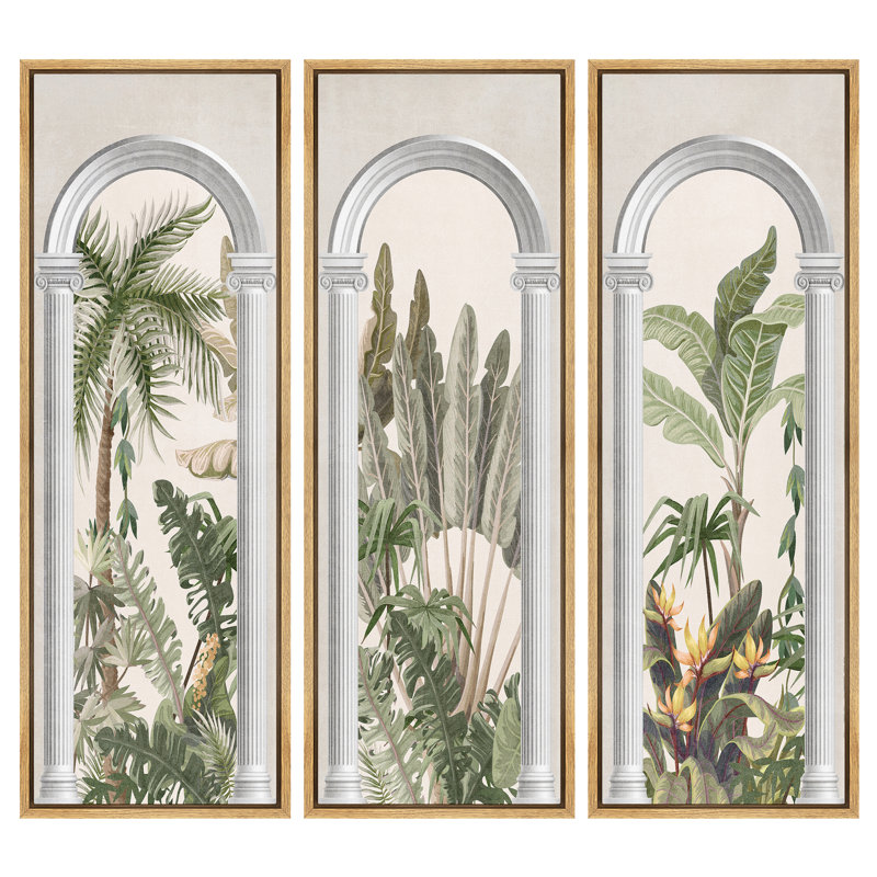 «Elegant Botanical Archway Garden with Palm Trees and Greenery», reproduction d'art sur toile encadrée 3 pièces.