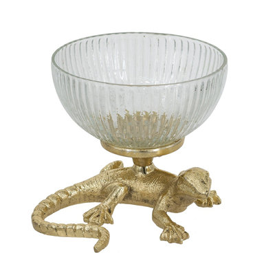 5x5x4.5" Gold Lizard Pedestal Bowl with Ribbed Glass Dish