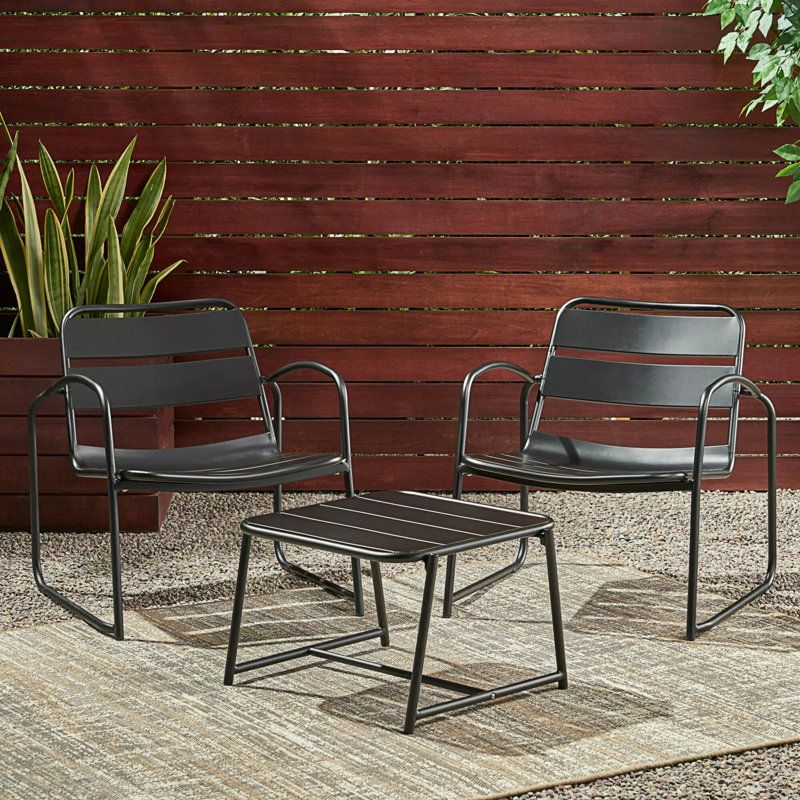 Ensemble de conversation moderne à lattes ouvertes avec cadre en métal durable, Matte Black