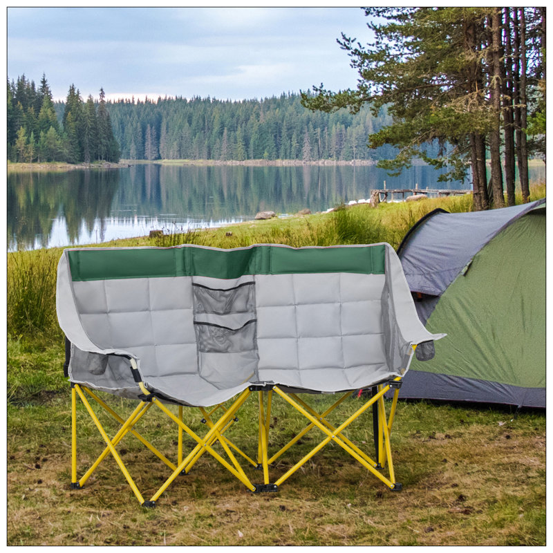 Loveseat Style Camping Chair, Oversized Folding Lawn Chair With Carry Bag & Cup Holders, For Outdoor, Beach, Picnic, Hiking, Travel