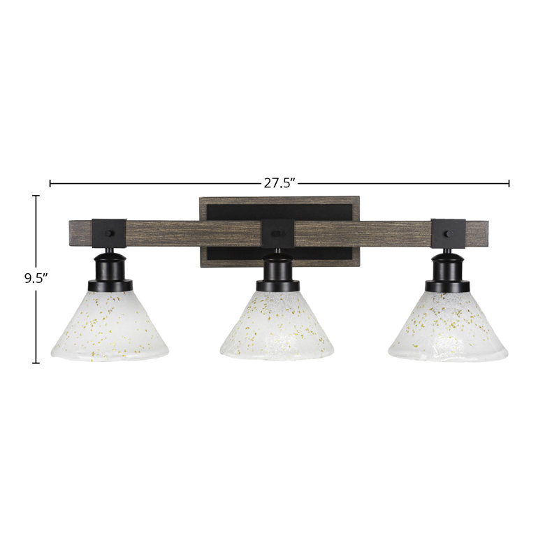 Barre d'éclairage de salle de bain 3 lumières Vanderford en noir mat et métal d'aspect bois peint peint avec verre de 7 po