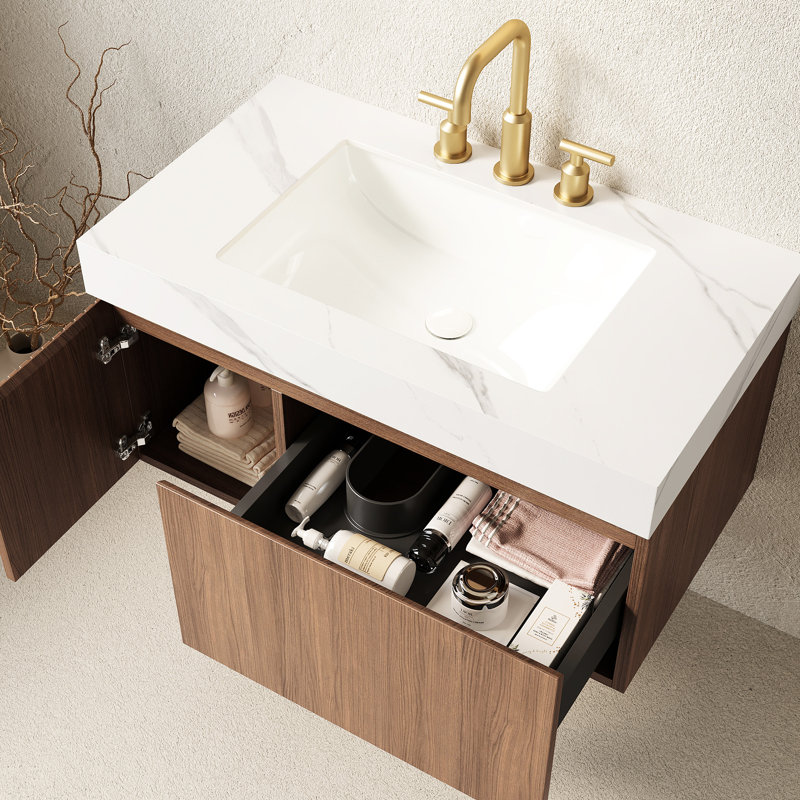 Meuble-lavabo de 36 po, lavabo en céramique avec 3 trous de robinet pré-percés, tiroir et porte d'armoire de rangement en contreplaqué flottant, plateau en pierre frittée blanche, chêne brun, meuble-lavabo assemblé