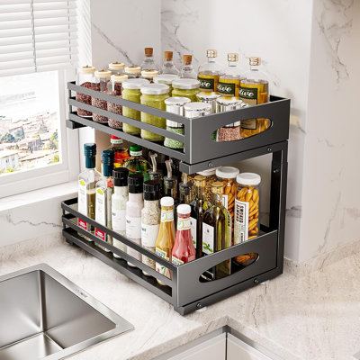 Under Sink Organizer Pull Out Cabinet Storage, 2-Tier Adjustable Steel Shelf For Kitchen Bathroom Cabinet, Slide Out Design For Easy Access And Space Optimization