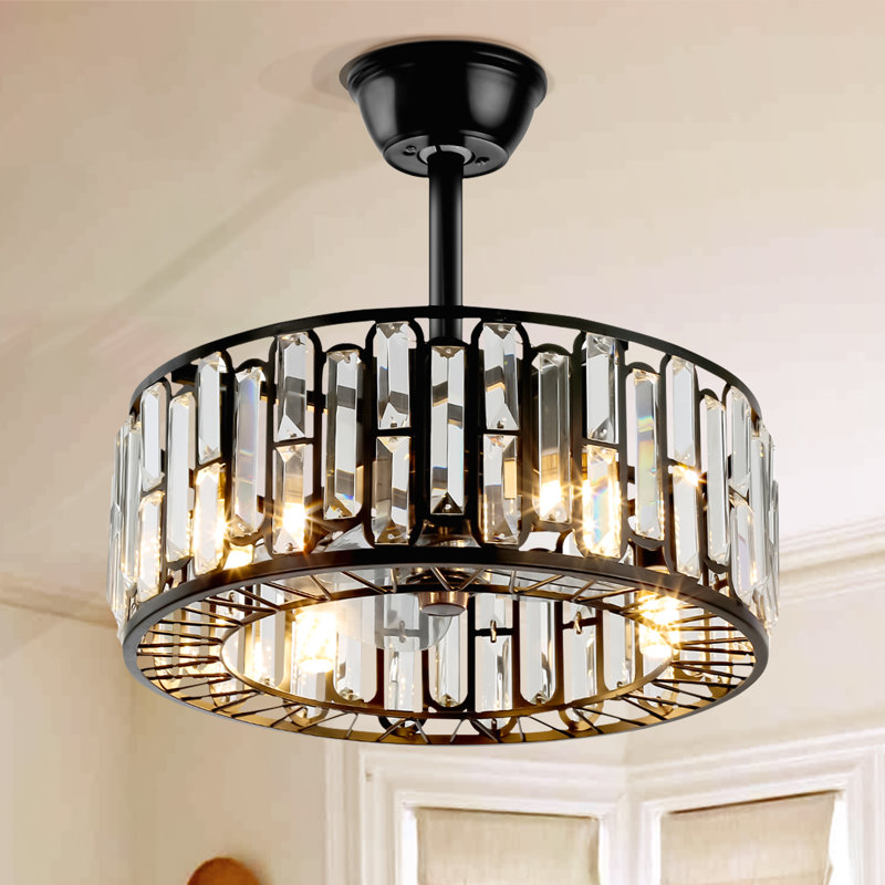 18" 3-Speed Remote Control Ceiling Fan with Light & Timer, Black Crystal Drum Fandelier for Dining Room, Living Room