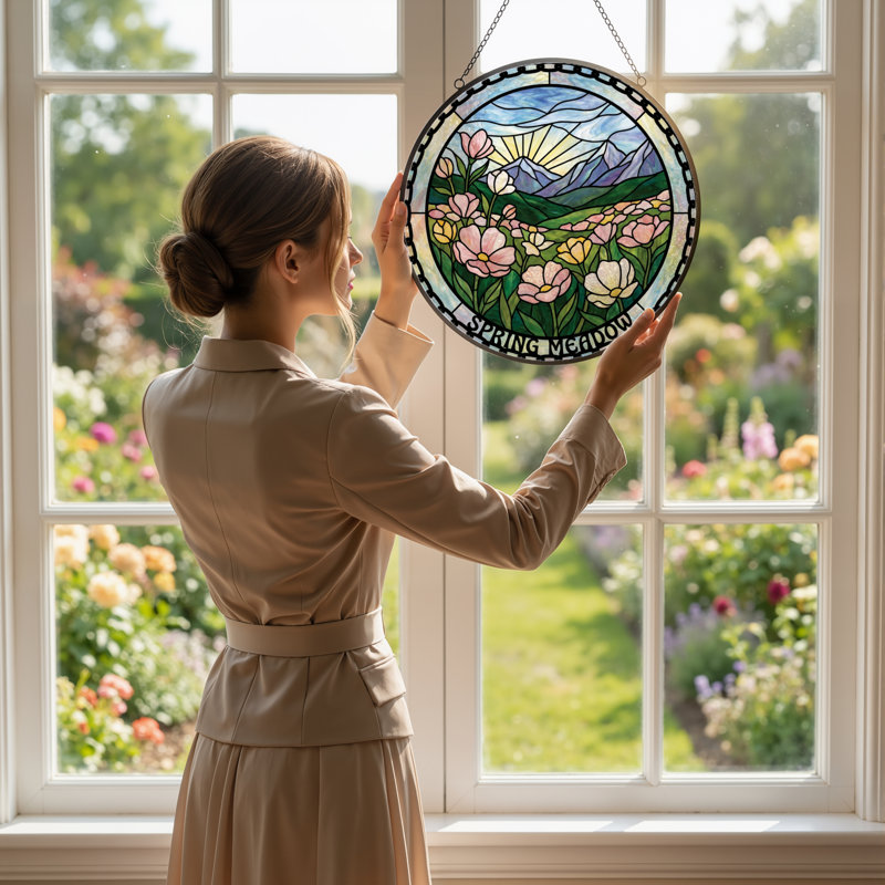 12"H Spring Meadow Stained Glass Window Panel, 12" H x 12" W