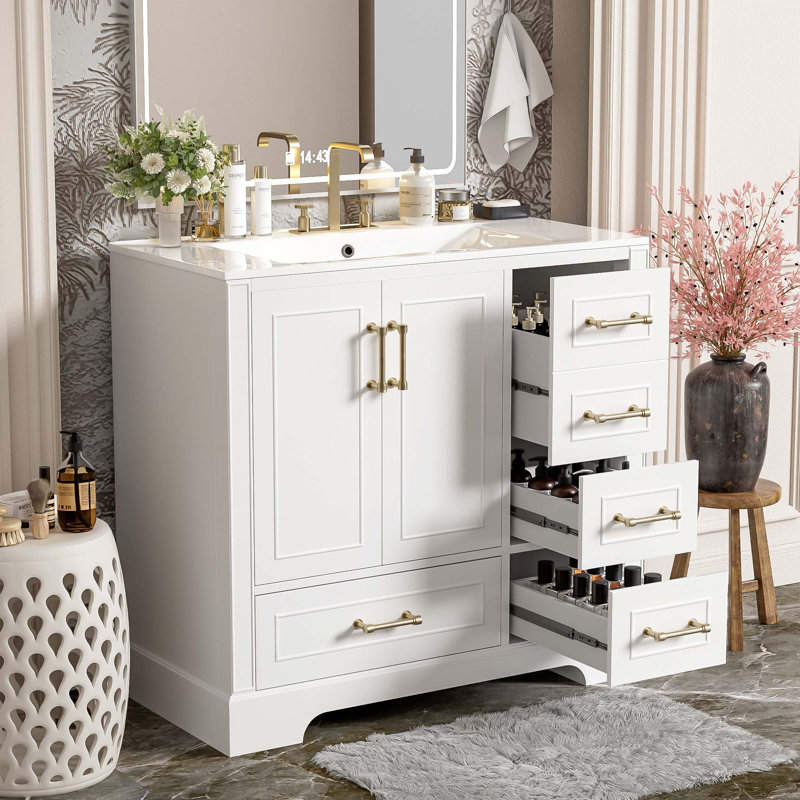 Meuble-lavabo traditionnel 36 po avec lavabo en céramique, armoire de salle de bain avec deux portes à fermeture douce et quatre tiroirs