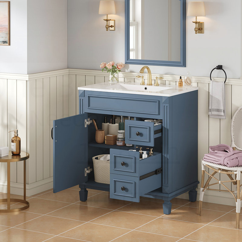 Meuble-lavabo compact avec lavabo en céramique, 2 tiroirs et tablette réglable pour les petits espaces, Bleu