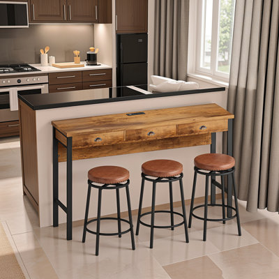 Ensemble de table de salle à manger longue à 3 tiroirs avec prises électriques Arcole, ensemble de table de bar avec tabourets circulaires