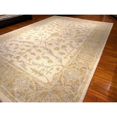 Tapis Oushak noué à la main 10 x 14, tapis en laine ivoire neutre, tapis traditionnel beige, tapis de salon classique fait à la main