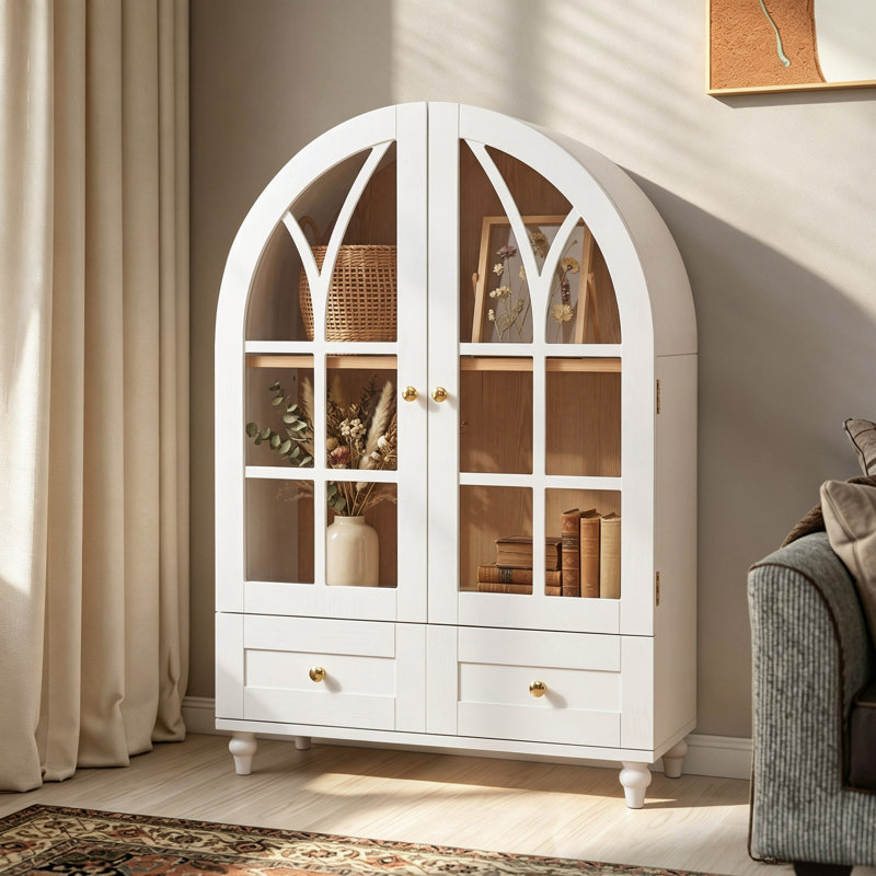 Armoire d'appoint arquée 36,6 po, vitrine avec 2 portes en verre, 2 tiroirs, pieds en bois massif, White