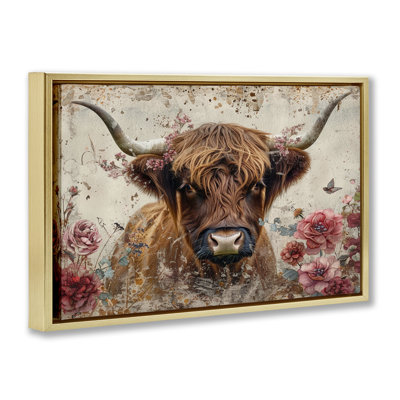  Toile flottante encadrée «Highland Cow in Spring» par LSR Design Studio