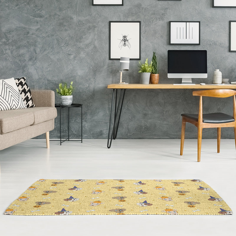 Tapis jaune/brun/bleu zone fait main, Rectangle 3 pi x 5 pi