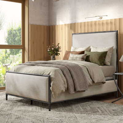 Lalia Modern Beige Upholstered Hammered Metal Panel Bed