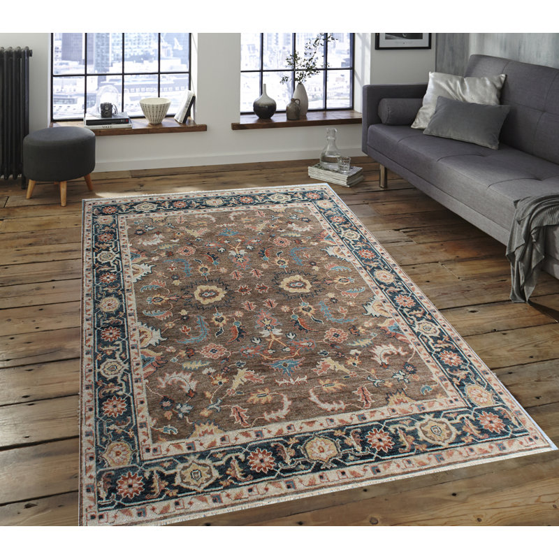 Tapis traditionnel en laine noué à la main brun et bleu Oushak - motif à médaillon floral classique avec bordure bleu marine, tapis de style oriental rétro