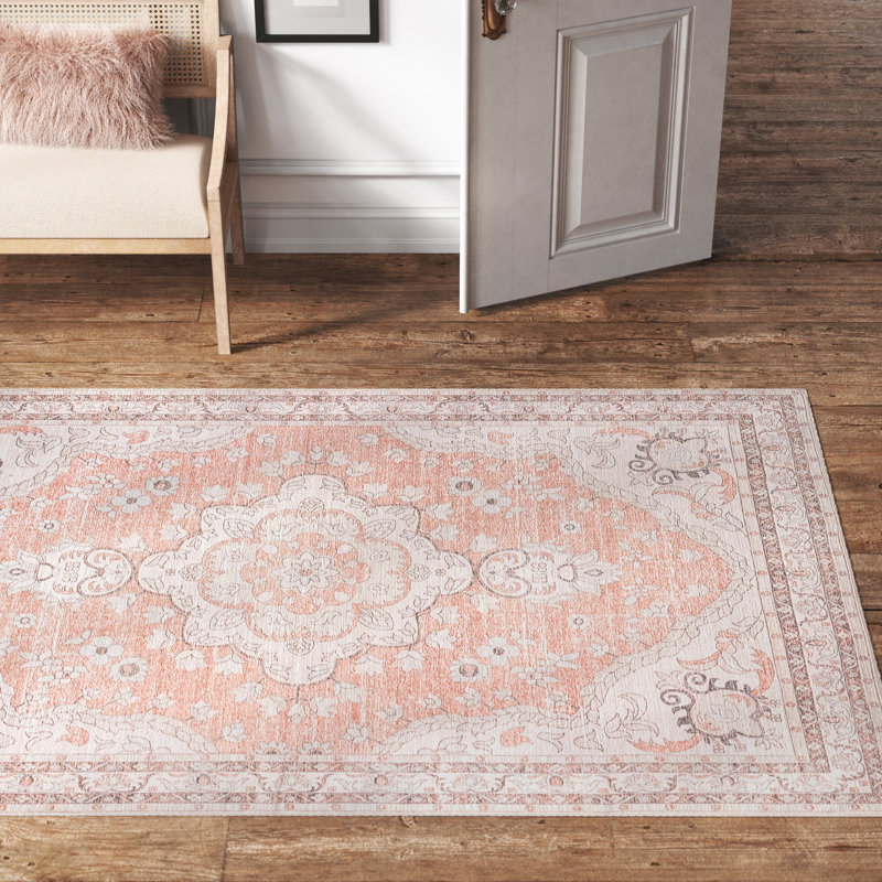 Ashtin Zahra Medallion Machine Washable Area Rug for Living Room Bedroom Dining Room Kitchen, Peach/Ivory, Rectangle 4' x 6'