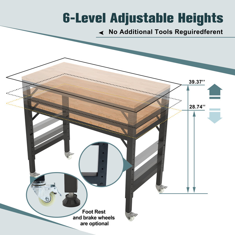 Adjustable Rubber Wood Workbench With Power Outlets & Wheels – 2000 LBS Capacity
