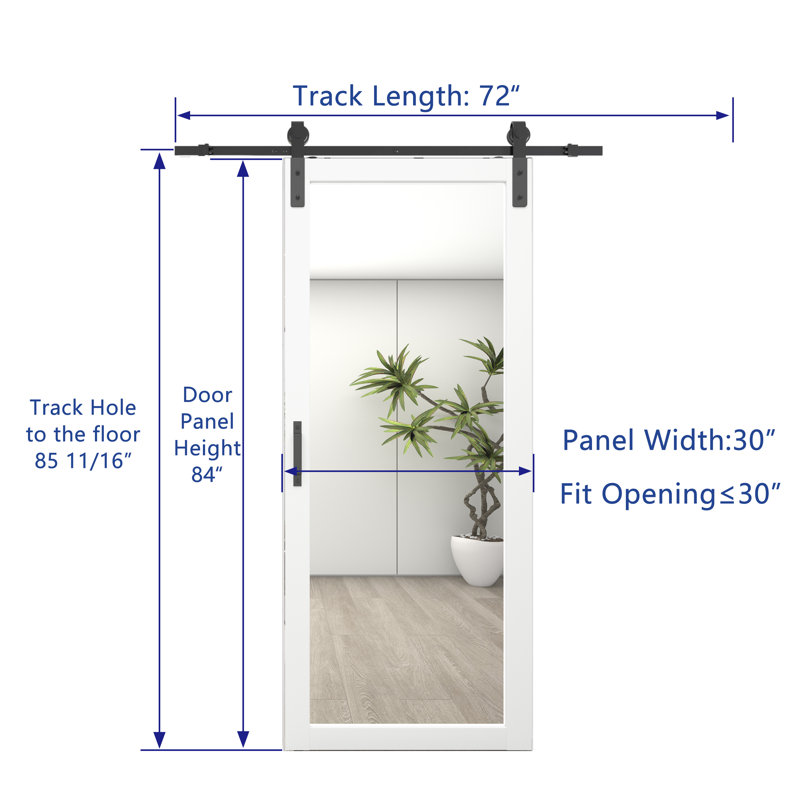 Porte de grange coulissante à miroir en bois massif avec design moderne et quincaillerie incluse, 30 po x 84 po