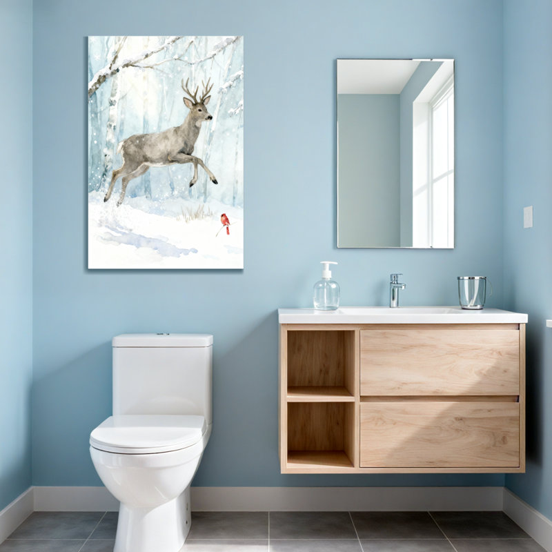 Animals Winter Deer Forest Snow Bird Art Print
