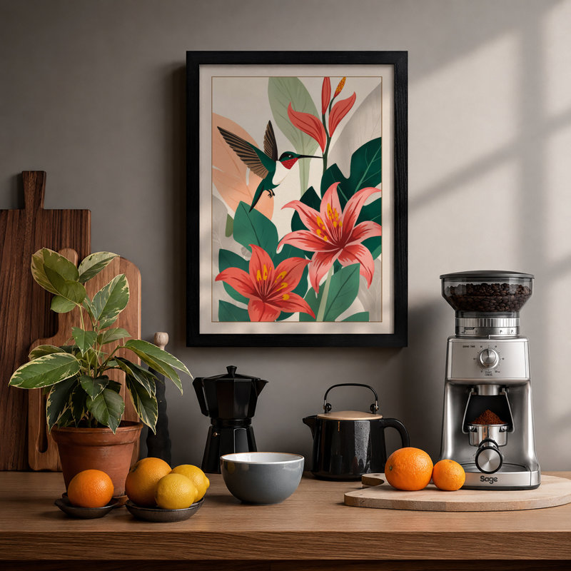 Hummingbird Among Lilies Botanical - Framed Print, Black, A4 - 29.7 x 21.0 cm