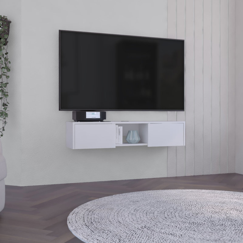 Meuble télé flottant, console murale élégante avec 2 portes, blanc