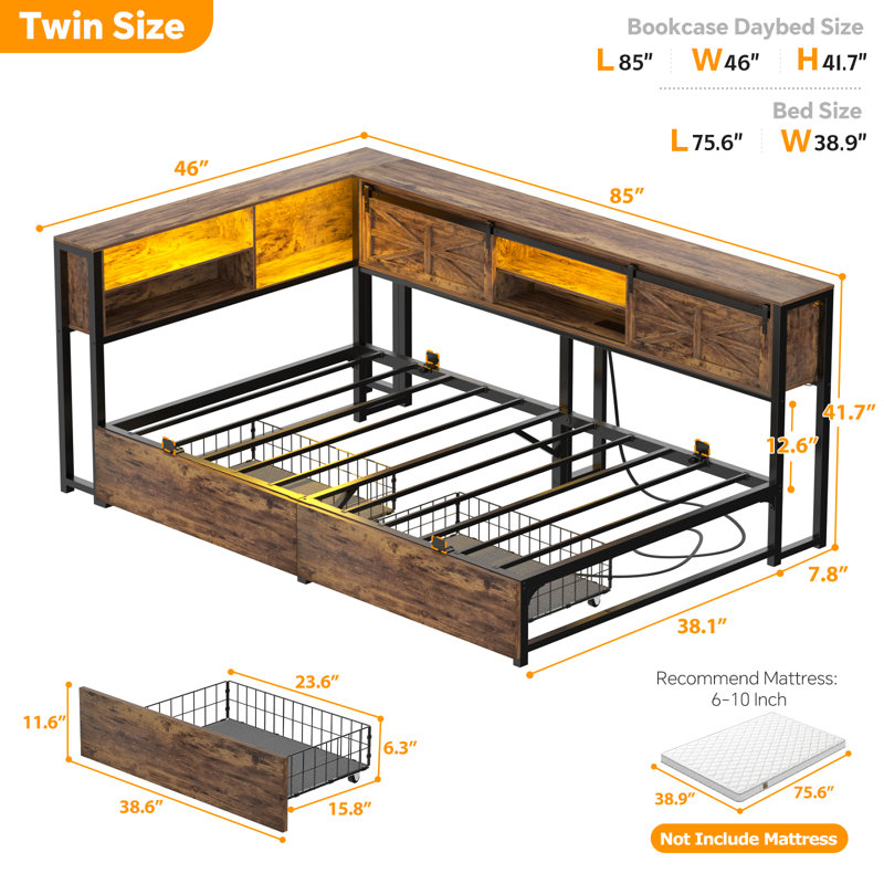 Farmhouse Daybed with Bookcase & Drawer, L Shaped Twin Bed Frame with Power Outlet & LED, Brown