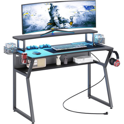 Gaming Desk With LED Light Power Outlet Open Bookshelf And Speaker Stands
