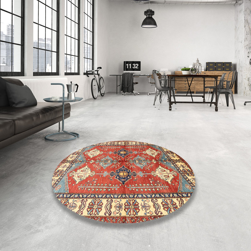 Tapis en laine rouge / beige, Rond 7 pi