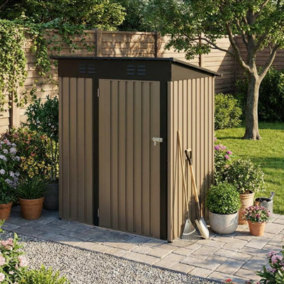 5 ft. W x 3 ft. D Outdoor Metal Storage Shed with Sloping Roof & Lockable Door, Brown