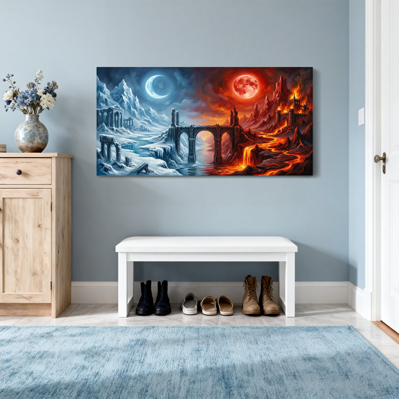 Paysage et nature, glace et feu, pont sur toile, H 24 po x l 48 po
