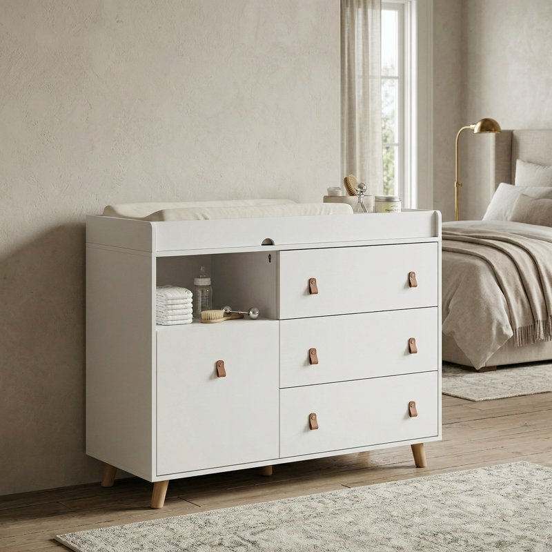 Commode à langer moderne avec rangement solide, Blanc