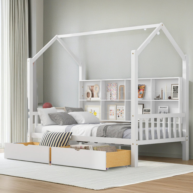 Lit en bois avec 2 tiroirs, Lit simple, Blanc