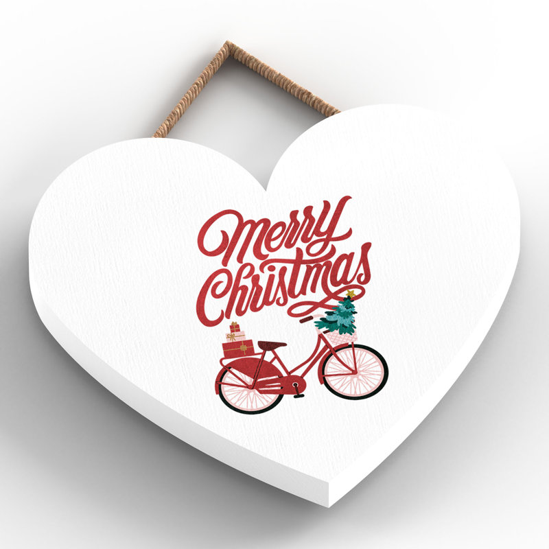 Xmas Merry Christmas Bicycle Wooden Heart Plaque, 10cm H x 9cm W x 0.5cm D