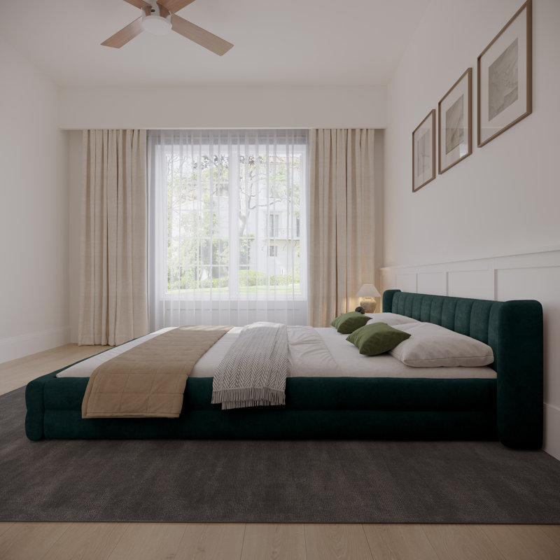  Base de lit tapissier Chenille, lit plateforme avec tête de lit à oreilles, Bleu vert, Très grand