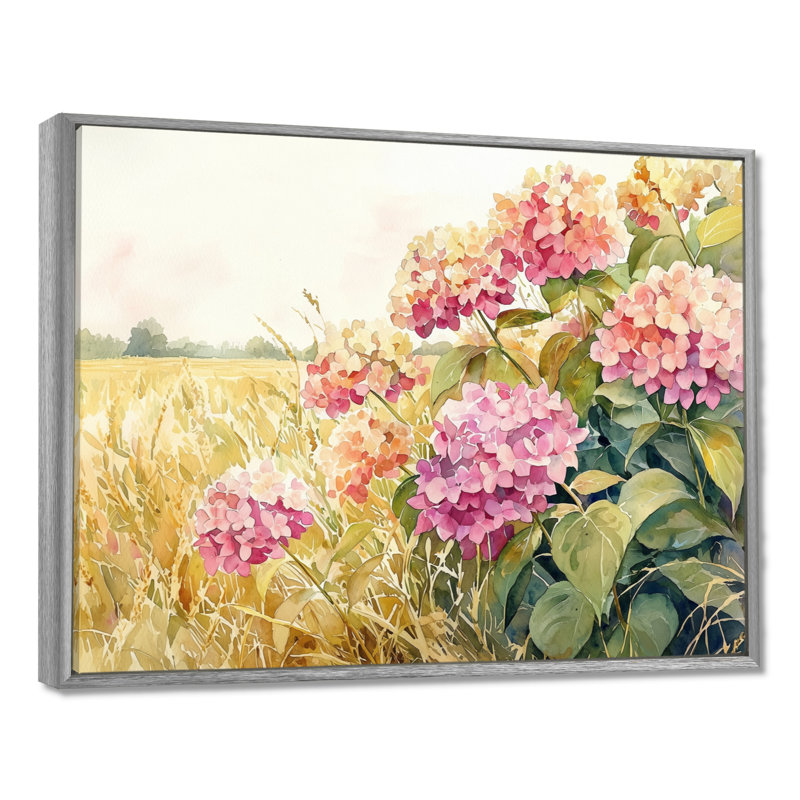 Paysage d'hortensias dans le champ de maïs - hydrangées, art mural, Argent argent, H 12 po x l 20 po, Floater Framed