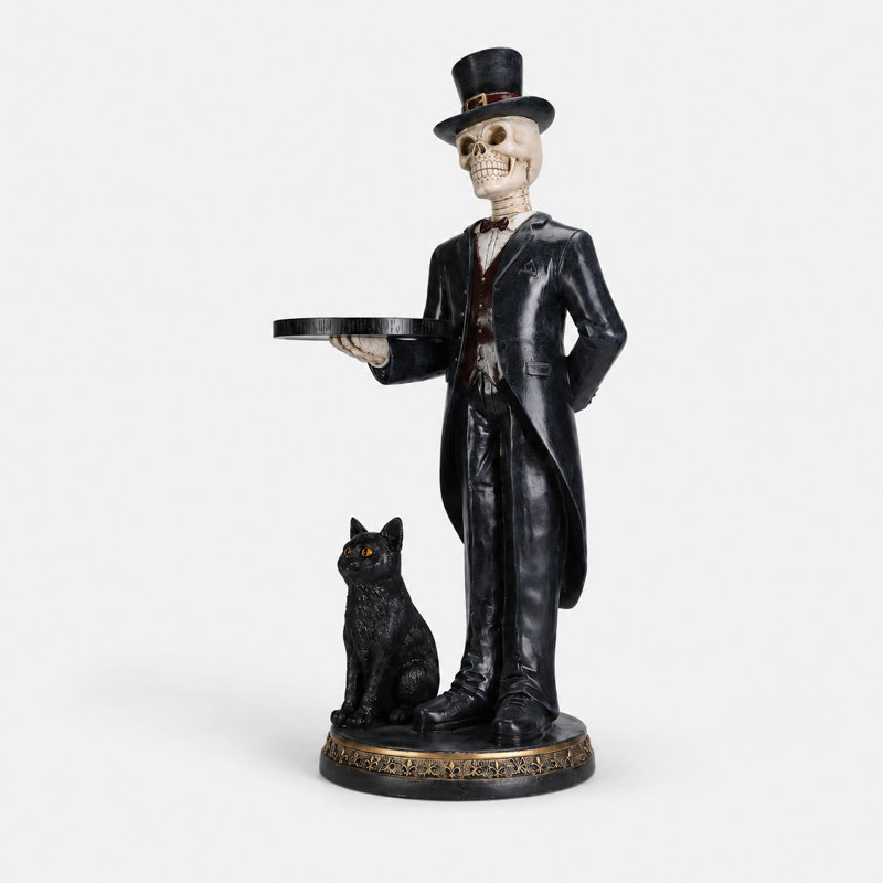 Statue squelette avec plateau de majordome et chat noir