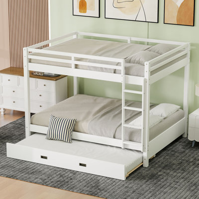 Wood Queen Size Bunk Bed with Trundle & Ladder for Kids Room, Space-Saving, Sturdy Pine Frame,