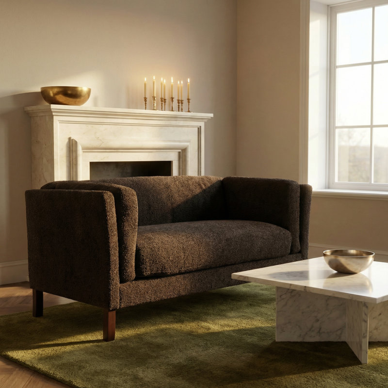 Ashbourne Mid-Century Modern Boucle Upholstered Sofa with Birch Wood Legs, Dark Brown