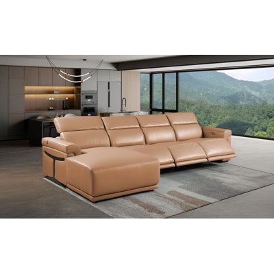 Canapé modulaire cognac en cuir italien 4 pièces avec 3 fauteuils inclinables électriques et accoudoirs réglables Cognac