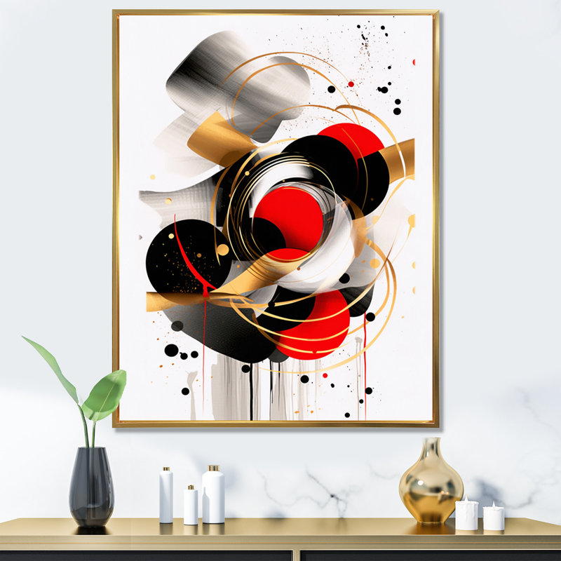 Symphonie abstraite rouge et noire IV, Cadre flottant doré, H 32 po x l 16 po x P 1 po