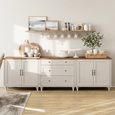 Scarlett Buffet Cabinet, Kitchen Sideboard Cabinet with 4 Wood Doors and 3 Wooden Drawer, White, 102"
